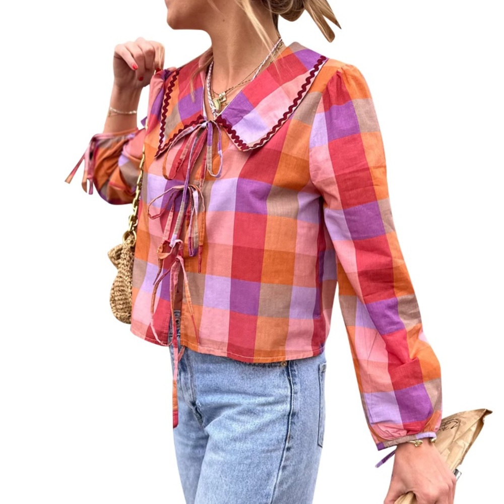 Plaid Pattern Keyhole Collared Blouse - Picture 8 of 8